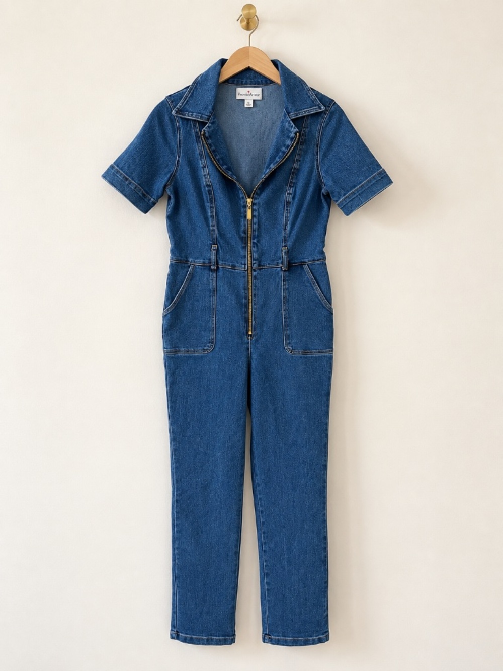 Premier Amour Denim Jumpsuit Womens Size 8 Short Sleeve Zip Front Utility Romper